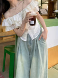 Solid Color French Ruffle Off-Shoulder Shirt - Women's Summer Slimming T-Shirt - Polyester, Petal Sleeve, Sleeveless, Button Front, X Fit, Regular Fit, Woven Fabric