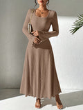 Autumn/Winter Fashion Women's A-Line Ribbed Knit Dress, V-Neck, Ruffled Hem, Solid Color, Polyester, Adult Size, 99080719