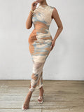 Elegant Women's Tie-Dye Print Sleeveless Maxi Dress - Chic Stand Collar, Ruched Bodycon Design in Vibrant Orange/Blue/White, Polyester Blend with Stretch, Machine Washable for All Seasons
