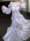 [Misty Dress] Misty Blue-Gray Dress | Long Sleeves, Ruffled Hem, Butterfly Design And Golden Accents - Perfect for Early Autumn
