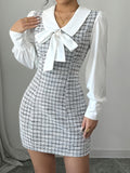 1pc Elegant Women'S V-Neck Plaid Dress, Polyester Woven Fit with Button Closure, with Bow Detail, for All-Season Fashion