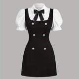 [Patchwork Bow Elegant Dress] Elegant Patchwork Polyester Dress with Bow Detail, Double-Breasted Faux Two-Piece Fitted Dress for Adults, Woven All-Season Dress