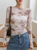 [Everyday Elegance] Women's Elegant Tie-Dye Floral Print Chiffon Blouse with Ruched Detail - Long Sleeve, Round Neck, Semi-Sheer, Perfect for Spring/Fall Fashion voguable