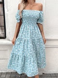 Elegant For Spring & Summer Midi Dress, Floral Print Shirred Bust Square Neck A-line Dress With Puff Sleeve, Women's Clothing