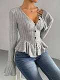 Elegant Heather Gray Ribbed T-Shirt with Bell Sleeves and Ruffle Hem - V-Neck, Button Detail, Stretchy Polyester Blend, Machine Washable - Chic Casual Style for All Seasons
