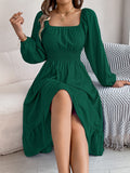 Stunning Ruffle Hem A-Line Dress - Women's Elegant Solid Color Square Neck Backless Shirred Clothing with Lantern Sleeves - Perfect for Formal Occasions and Parties