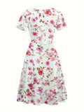 [Tropical Leaf Print V-Neck Dress] Navy Blue Tropical Leaf Print V-Neck Short Sleeve Midi Dress - Fitted Bodice, Flared Skirt, Polyester Blend, with Belt and Pockets, Perfect for Spring/Summer Casual or Tea Church Outfits