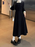 Women'S Long Sleeve Viscose Dress with Button Detail, Solid Color, Tailored Fit, Flared Skirt, Spring/Fall Collection - Elegant Black with White Collar