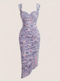 Elegant Square Neck Bodycon Floral Print Dress - Split Hem, Women's Clothing for Spring & Summer