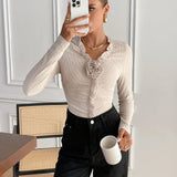 Elegant Women's V-Neck T-Shirt with 3D Floral Detail - Long Sleeve, Stretchy Polyester Blend, Machine Washable, Elegant Special Project Style, ALL/Global/All