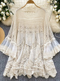 NEW Bohemian Style Vintage Knitted Dress for Women Loose Hollow Hook Flower Design Short Mid-Skirt