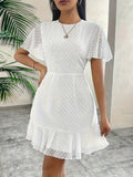 [Summer Chiffon Ruffle Dress] Summer Fashion Solid Color Chiffon Ruffle Hem Dress - Casual Crew Neck Short Sleeve A-Line Pendulum - 95% Polyester 5% Elastane