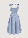 [Plus Size Plaid Cami Dress] Plus Size Plaid Print Cami Dress, Casual Ruched Sleeveless Dress For Spring & Summer, Women's Plus Size Clothing
