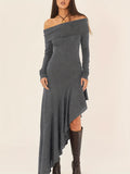 Elegant Ruffled Off Shoulder Long Sleeve Dress - Women's Backless Asymmetrical Slim Fit Dresses with Ruffle Hem - Perfect for Formal Occasions and Date Nights