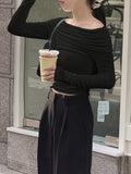 Chic Off-Shoulder Long Sleeve T-Shirt for Women - Solid Color, Stretchy Polyester, Machine Washable - Perfect for Spring/Summer/Fall