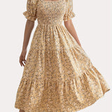 Elegant For Spring & Summer Midi Dress, Floral Print Shirred Bust Square Neck A-line Dress With Puff Sleeve, Women's Clothing