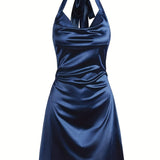 Sexy Satin Cowl Neck Halter Dress - Backless Mini Dress for Evening Party - Women's Clothing