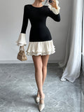 Elegant Two-Tone Ruffle Hem Dress for Women - Chic Long Sleeve, Crew Neck, Stretchy Polyester Blend, Machine Washable - Perfect for All Seasons, Sophisticated Outfit|Puffed Sleeves|Polyester Elastane Fabric