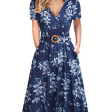 [Tropical Leaf Print V-Neck Dress] Navy Blue Tropical Leaf Print V-Neck Short Sleeve Midi Dress - Fitted Bodice, Flared Skirt, Polyester Blend, with Belt and Pockets, Perfect for Spring/Summer Casual or Tea Church Outfits