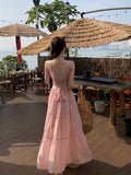 Solid Color Spaghetti Strap Dress, Casual Sleeveless Tiered Hem Dress For Vacation, Women's Clothing
