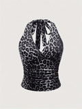[Slim Fit Backless Crop Top] Leopard Print Halter Neck Top, Sexy Backless Slim Fit Crop Top For Spring & Summer, Women's Clothing