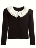 Women's 2024 New French Chic Ruffle Collar Knit Sweater, Slim Fit, Viscose Blend, Spring/Autumn, Contrast Color, Open Front Cardigan