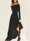 Elegant Ruffled Off Shoulder Long Sleeve Dress - Women's Backless Asymmetrical Slim Fit Dresses with Ruffle Hem - Perfect for Formal Occasions and Date Nights