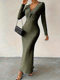 Elegant Olive Green Ribbed Midi Dress for Women - V-Neck with Twist Front Detail, Long Sleeves, Stretch Polyester, Machine Washable - Chic & Stylish, Stylish Office Attire|Knotted Waist Dress|Flattering