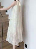 Chic French Vintage Lace Embroidered Halter Dress - Sleeveless, Off-Shoulder with Tie Back Detail, Summer Long Maxi for Women