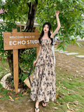Vintage Sleeveless Shirred Aline Maxi Floral Print Ruffle Hem Cami Dress - Women's Clothing For Spring & Summer