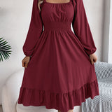 Stunning Ruffle Hem A-Line Dress - Women's Elegant Solid Color Square Neck Backless Shirred Clothing with Lantern Sleeves - Perfect for Formal Occasions and Parties