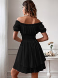 Elegant Off-Shoulder Square Neck Dress, 100% Polyester Solid Color A-Line Mini Dress for Women, Spring/Summer Woven Fabric, Occasion Wear | Ruffled Bodice | Polyester Fabric, Cute Dresses