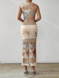 Elegant Women's Tie-Dye Print Sleeveless Maxi Dress - Chic Stand Collar, Ruched Bodycon Design in Vibrant Orange/Blue/White, Polyester Blend with Stretch, Machine Washable for All Seasons