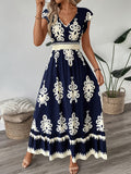 [100% Polyester V-Neck Midi Dress] Spring/Summer Floral Print V-Neck Dress with Flutter Sleeves and Waist Cinch, A-Line Midi, 100% Polyester - Machine Washable, Fly Fly Sleeves, A-Line