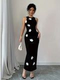 Elegant Women's Sleeveless Maxi Dress with 3D Floral Design - Chic Round Neck, Stretchy Polyester Blend, Machine Washable - Perfect for All Seasons