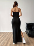 Solid Color Split Cami Dress, Elegant Sleeveless Bodycon Maxi Dress For Spring & Summer, Women's Clothing