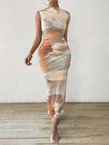 Elegant Women's Tie-Dye Print Sleeveless Maxi Dress - Chic Stand Collar, Ruched Bodycon Design in Vibrant Orange/Blue/White, Polyester Blend with Stretch, Machine Washable for All Seasons
