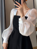 [Chic Long Sleeve A-Line Dress] Elegant Black Organza A-Line Dress for Women - Chic Long Sleeve with French-Inspired Square Neckline, Vintage Mesh Detail, Perfect for Spring & Autumn Events