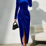 [Long Sleeve Solid Dress] Long Sleeve Split Hem Solid Dress, Elegant Crew Neck Slim Dress For Party & Banquet, Women's Clothing