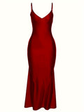 V Neck Spaghetti Strap Backless Dress - Seamless Solid Bodycon for Night Out - Fashionable Womens Clubbing Gown