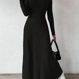 Elegant Solid Color V-Neck Knit Long Sleeve A-Line Dress - Ribbed Texture, Machine Washable, Polyester - Chic Middle Eastern Style for Fall, Elegant Long Sleeve Knit Dress