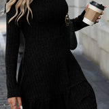 Long Sleeve Ruffle Hem Ribbed A-line Dress, Casual Crew Neck Solid Color Dress For Spring & Fall, Women's Clothing