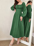 Elegant Textured Midi Dress - Cross Tie Lantern Sleeve Solid Color Romantic Dress for Women