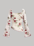 Elegant Women's Floral Print Blouse with Square Neckline and Red Ribbon Tie - Long Sleeve, Asymmetrical Hem, Polyester, Machine Washable