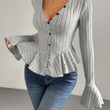 Elegant Heather Gray Ribbed T-Shirt with Bell Sleeves and Ruffle Hem - V-Neck, Button Detail, Stretchy Polyester Blend, Machine Washable - Chic Casual Style for All Seasons