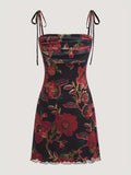 [Floral Print Tie Shoulder Dress] Floral Print Tie Shoulder Dress, Elegant Sleeveless Bodycon Cami Dress for Spring & Summer, Women's Clothing