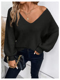 Soft Polyester Elegant French-Inspired Plus Size Sweater - V-Neck with Bow Tie Back, Hand Washable, Classic Knitwear, Smooth Texture, All-Season Apparel
