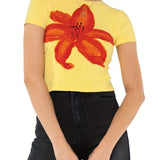 Women Y2k Floral Crop Tee Vintage Aesthetic Graphic Short Sleeve Round Neck Tight Tshirt Stretchy Baby Tee for Teen Girl Summer Fairycore Preppy Flower Pattern T-shirt Streetwear