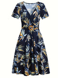 [Tropical Leaf Print V-Neck Dress] Navy Blue Tropical Leaf Print V-Neck Short Sleeve Midi Dress - Fitted Bodice, Flared Skirt, Polyester Blend, with Belt and Pockets, Perfect for Spring/Summer Casual or Tea Church Outfits