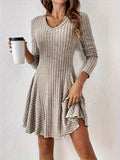 Elegant Black V-Neck Knit Dress - Chic Long Sleeve A-Line Mini with Ruffle Detail, Polyester & Elastane Blend, Machine Washable - Perfect for Fall